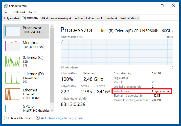 Feladatkezelő Virtualizáció engedélyezett